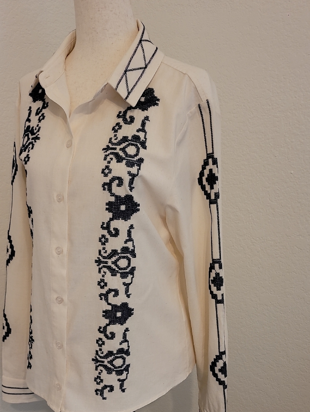 Cream Button-Down Shirt with Navy Embroidery